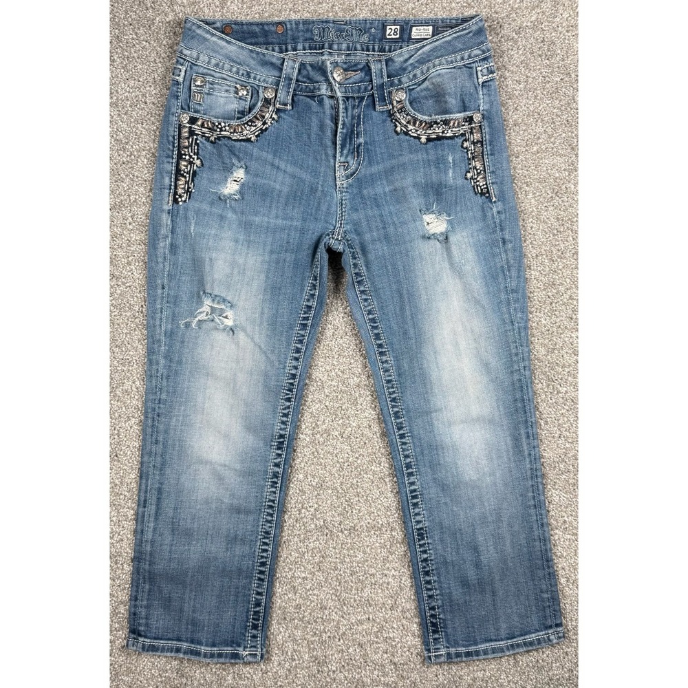 Miss Me Mid Rise Cuffed Capri Jeans Womens 28 Blue Embellished Stretch